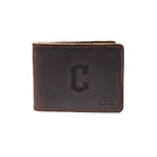 Leather Bifold Wallet in Dark Coffee Brown with embossed Cleveland Guardians C logo, closed front view