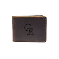 Leather Bifold Wallet in Dark Coffee Brown with embossed Colorado Rockies CR logo, closed front view