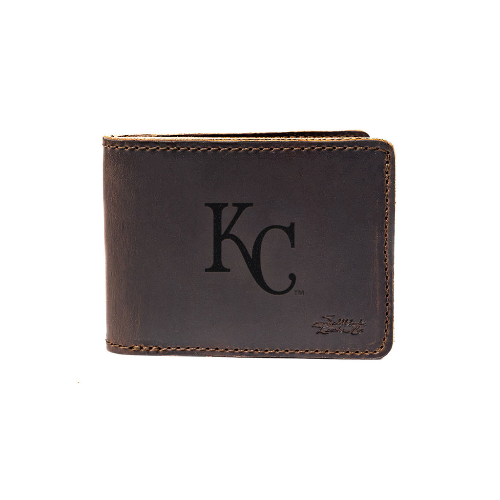 Leather Bifold Wallet in Dark Coffee Brown with embossed Kansas City Royals KC logo, closed front view