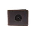 Leather Bifold Wallet in Dark Coffee Brown with embossed Milwaukee Brewers ball-in-glove logo, closed front view