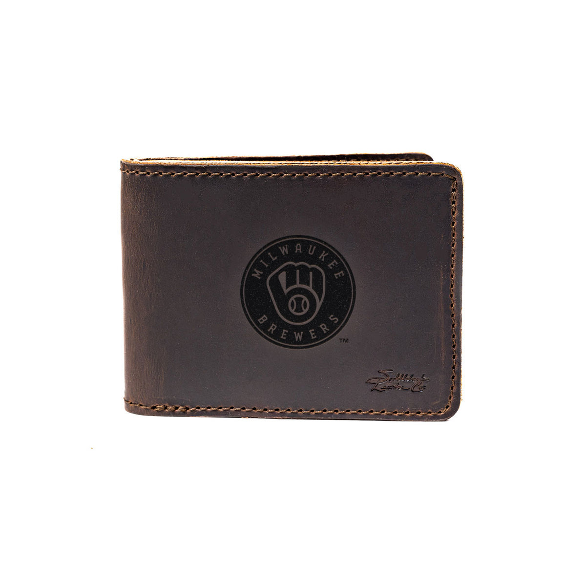 Leather Bifold Wallet in Dark Coffee Brown with embossed Milwaukee Brewers ball-in-glove logo, closed front view