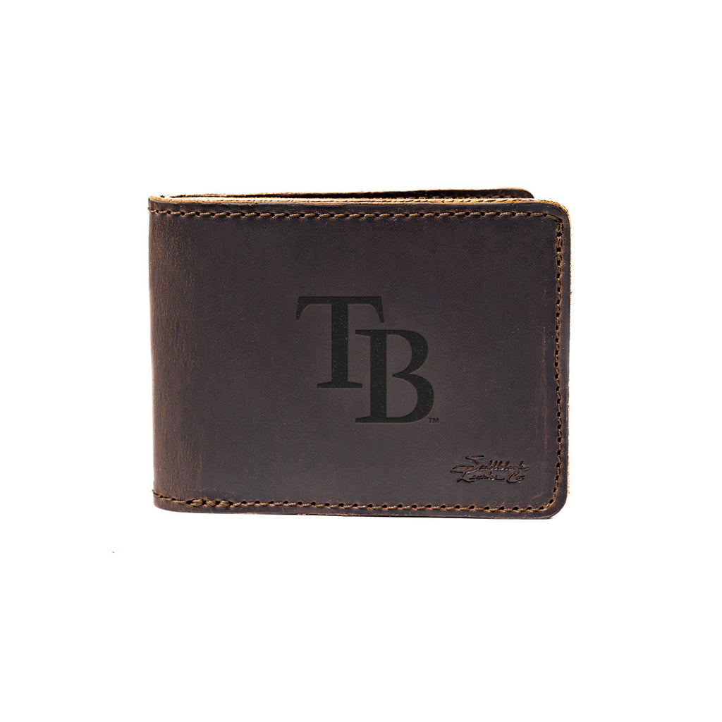 Leather Bifold Wallet in Dark Coffee Brown with embossed Tampa Bay Rays TB logo, closed front view