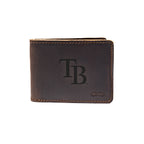 Leather Bifold Wallet in Dark Coffee Brown with embossed Tampa Bay Rays TB logo, closed front view