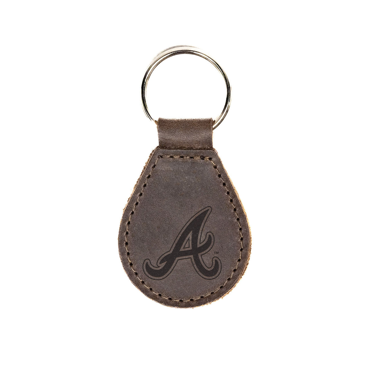 Leather Keychain in Dark Coffee Brown with embossed Atlanta Braves script A logo and silver key ring