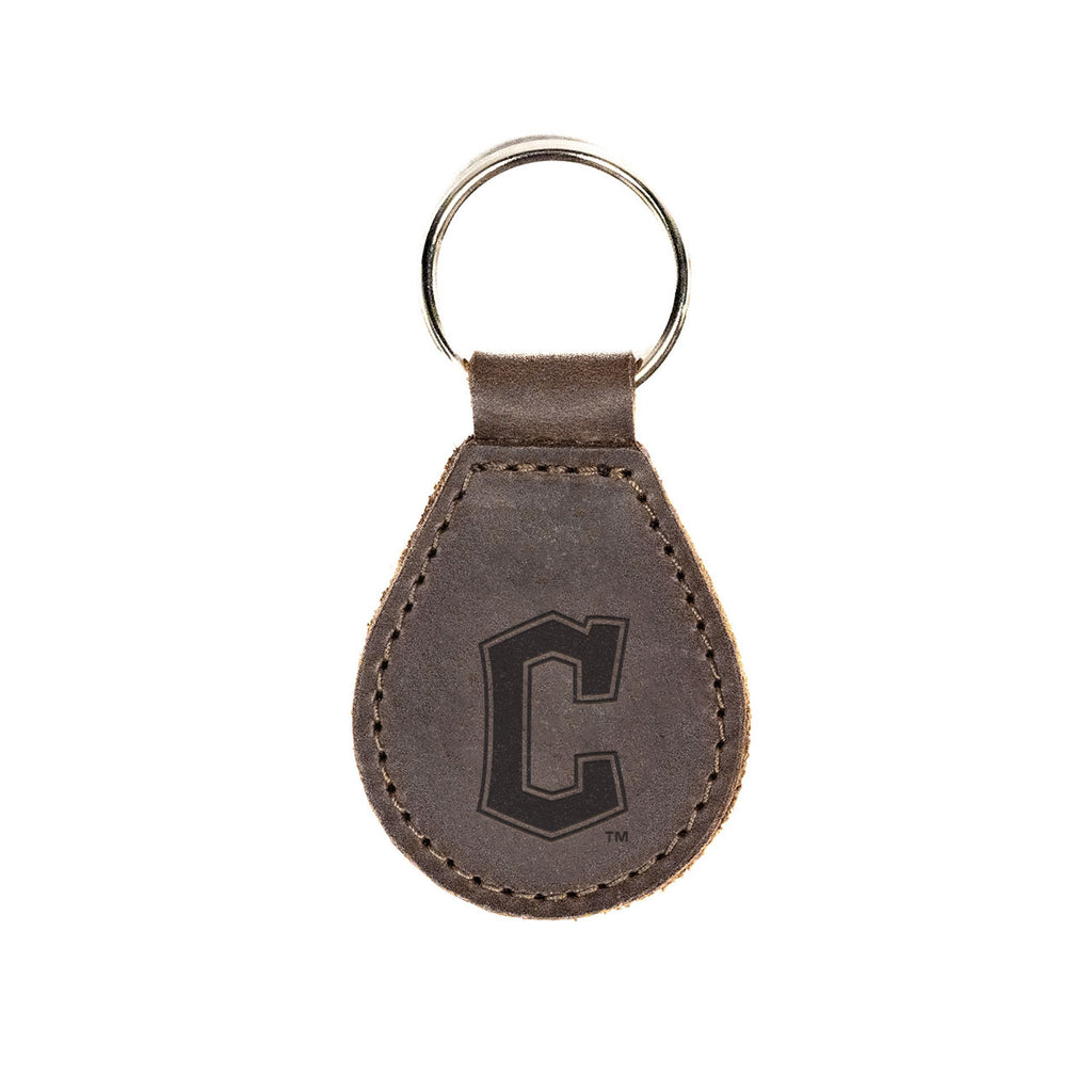 Leather Keychain in Dark Coffee Brown with embossed Cleveland Guardians C logo and silver key ring