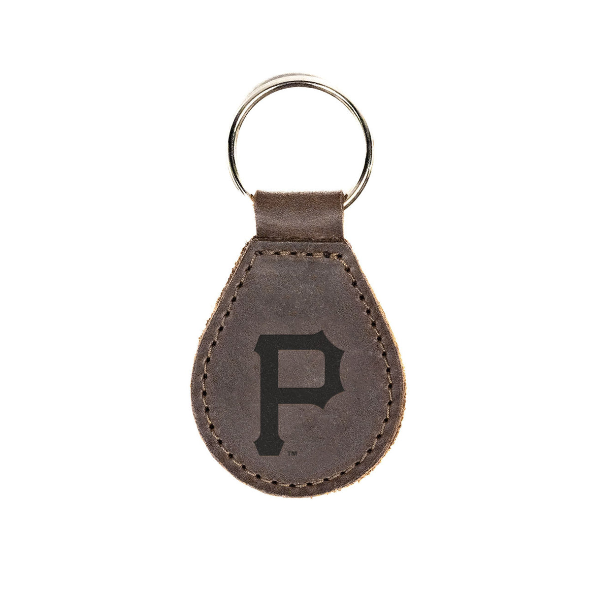 Leather Keychain in Dark Coffee Brown with embossed Pittsburgh Pirates P logo and silver key ring