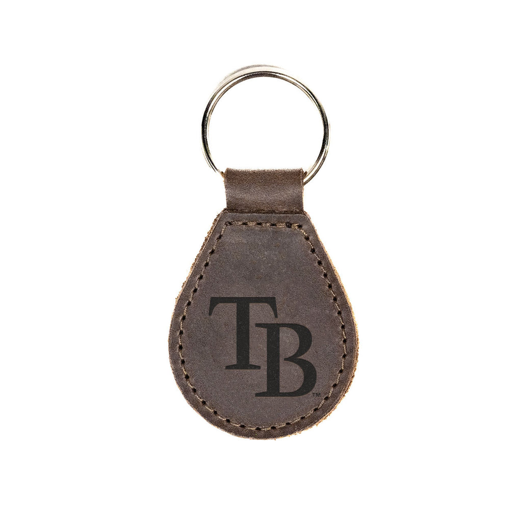 Leather Keychain in Dark Coffee Brown with embossed Tampa Bay Rays TB logo and silver key ring