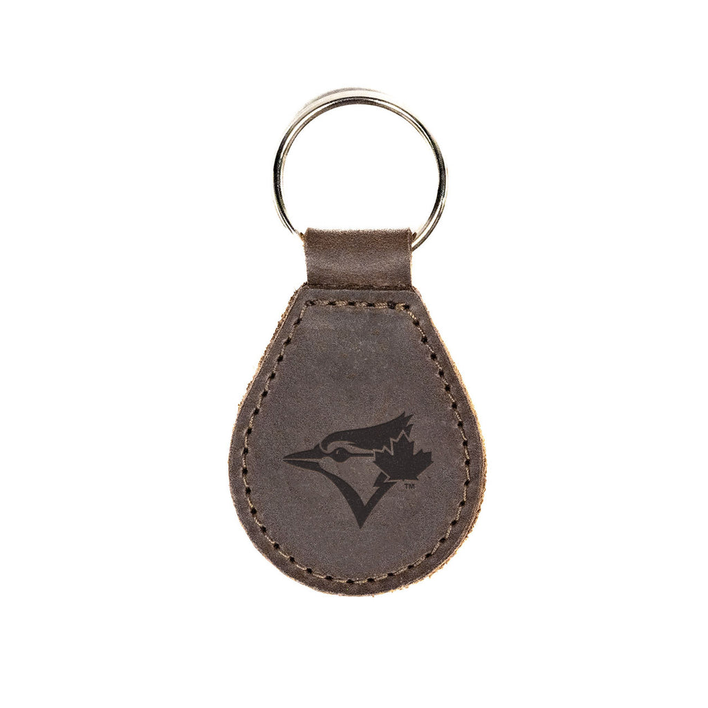 Leather Keychain in Dark Coffee Brown with embossed Toronto Blue Jays bird and maple leaf logo and key ring