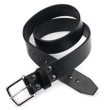 Old Bull Leather Belt in Black with riveted stainless steel buckle, coiled