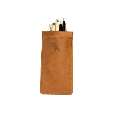 Bear Trap Leather Pen Case in Tobacco, front view with pens poking out of the spring-clasp opening