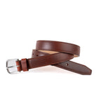 Dress Belt in Chestnut with stainless steel buckle, coiled to show the stitched edges