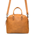 Professional Leather Satchel in Tobacco, front view with top handle and detachable shoulder strap