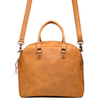 Professional Leather Satchel in Tobacco, front view with top handle and detachable shoulder strap