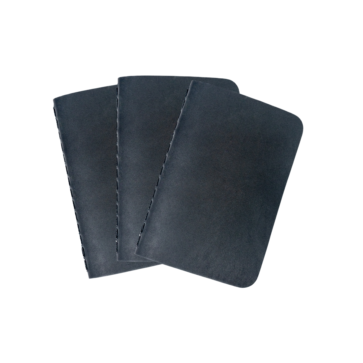 Leather Pocket Notebook Set in Black, three stitched notebooks fanned out