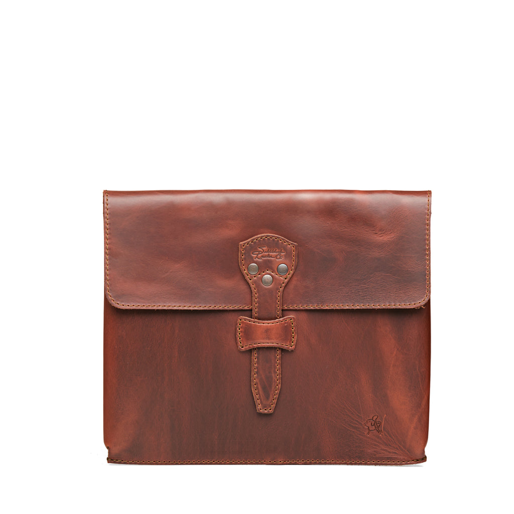14" Document Holder in Chestnut, front view with flap and riveted tab closure