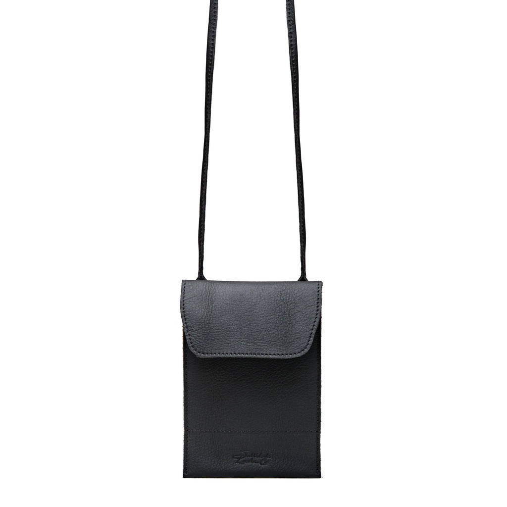 Walker's Pouch in black, front view with flap closure and long crossbody strap