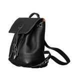12" Drawstring Backpack in Black, angled view with buckled flap, top handle and shoulder strap