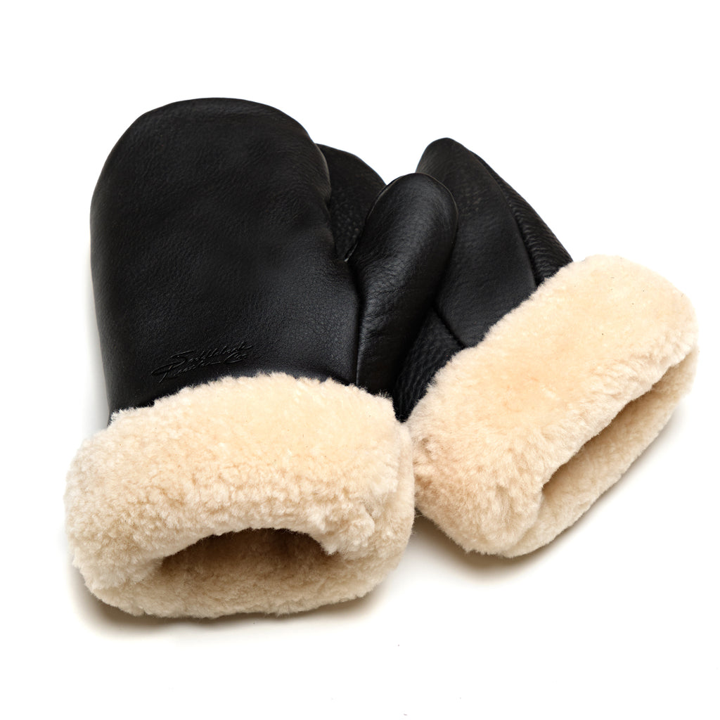 Sheepskin Mittens in black leather with cream shearling cuffs, pair angled front view