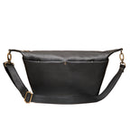 London Sling Large in Black, front view with snap pocket and buckled adjustable strap