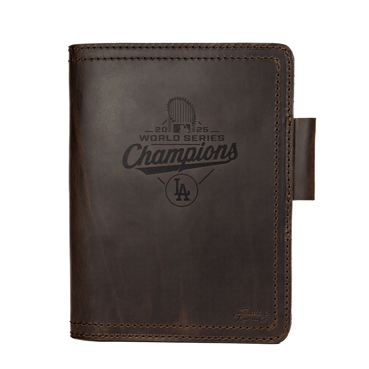 Leather Journal Cover - Los Angeles Dodgers World Series Champions in Dark Coffee Brown, closed front engraved with logo