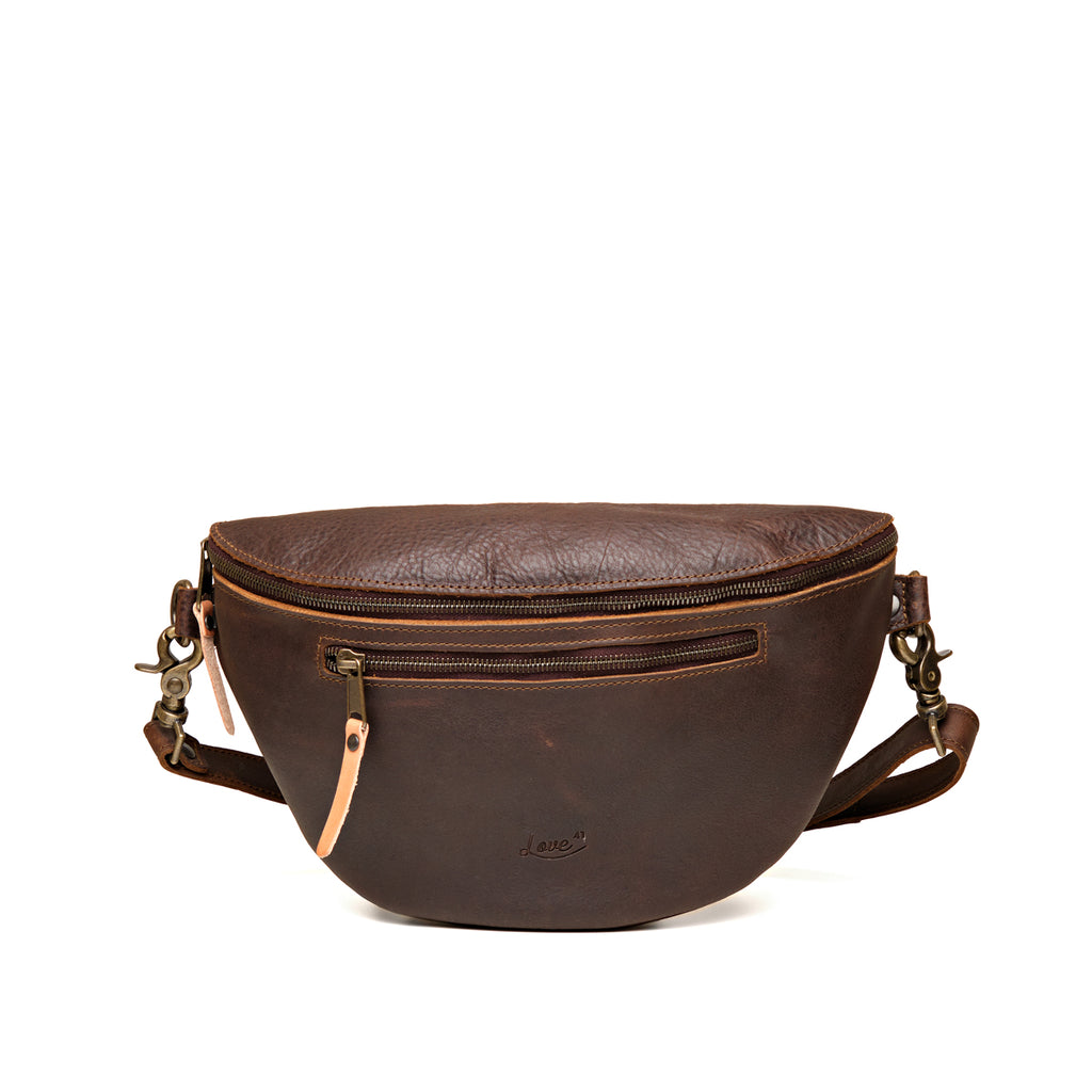 Leather Tumbled Fanny Bag in Dark Coffee Brown, front view with zippered front pocket and embossed logo