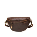 Leather Tumbled Fanny Bag in Dark Coffee Brown, front view with zippered front pocket and embossed logo
