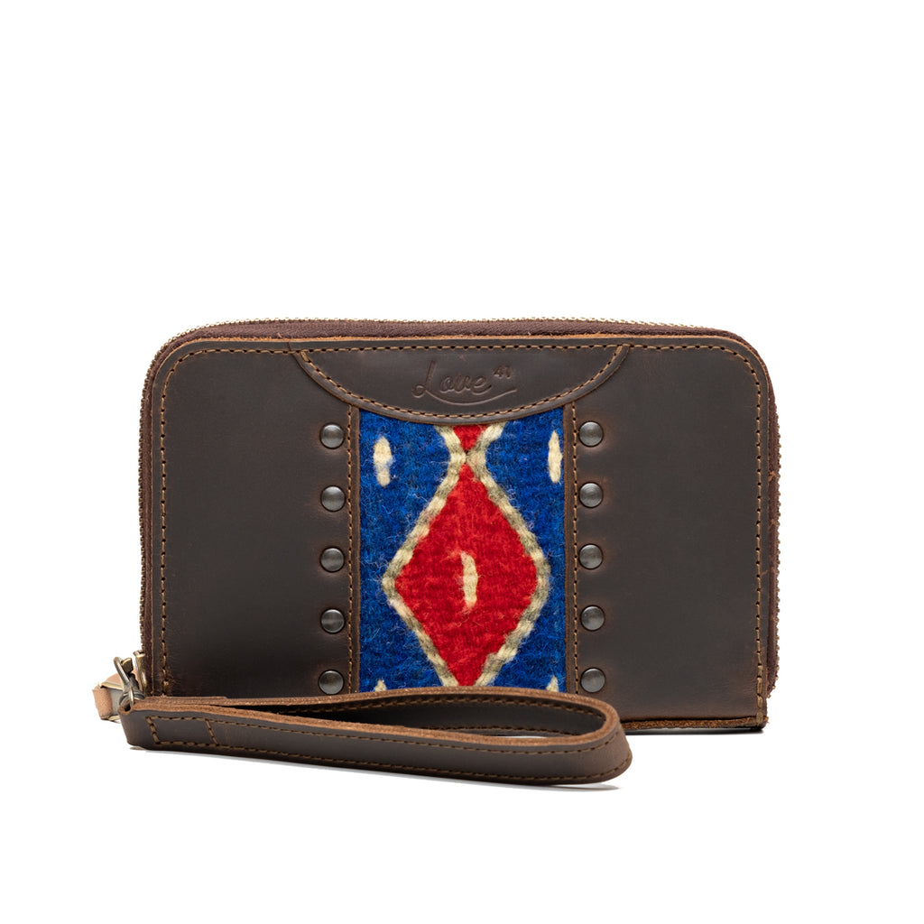 Lanita Thin Wallet in Dark Coffee Brown with blue and red woven diamond panel, studs and wrist strap