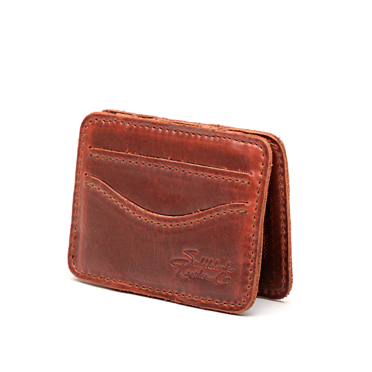 Front Pocket Magic Wallet in Chestnut, angled view with curved card pockets and embossed logo