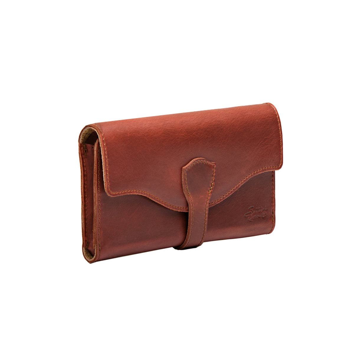 On The Go Leather Wallet in Chestnut, angled front view with curved flap and tuck-in tab closure