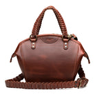Dovetail Satchel in Chestnut, front view with braided handles and braided shoulder strap