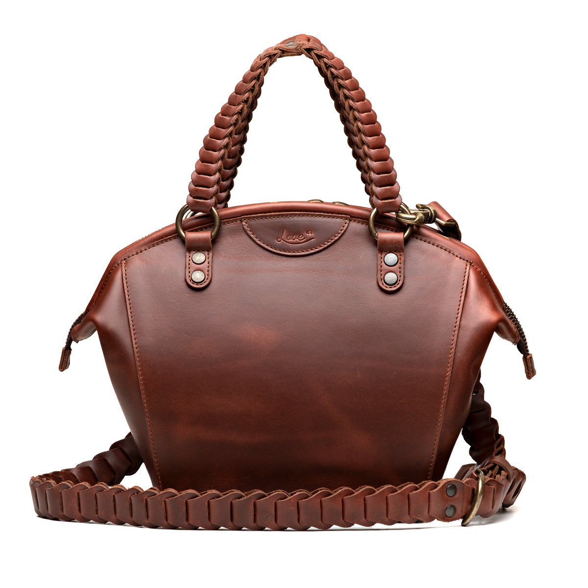 Dovetail Satchel in Chestnut, front view with braided handles and braided shoulder strap