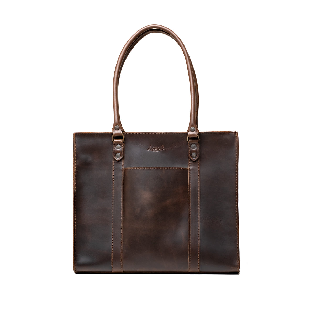Women's Work Tote in Dark Coffee Brown, front view with riveted shoulder handles and front slip pocket