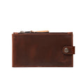 Leather Long Wallet in Chestnut, front view with top zipper and snap tab closure
