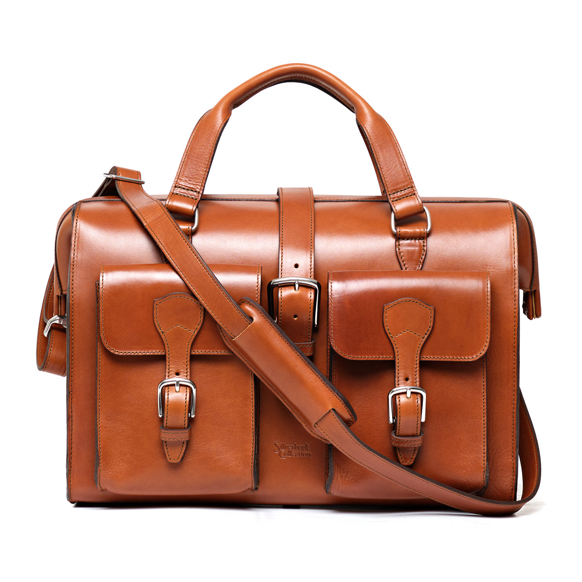 Blackstone Barrister Briefcase in English Tan, front view with two buckled pockets and shoulder strap