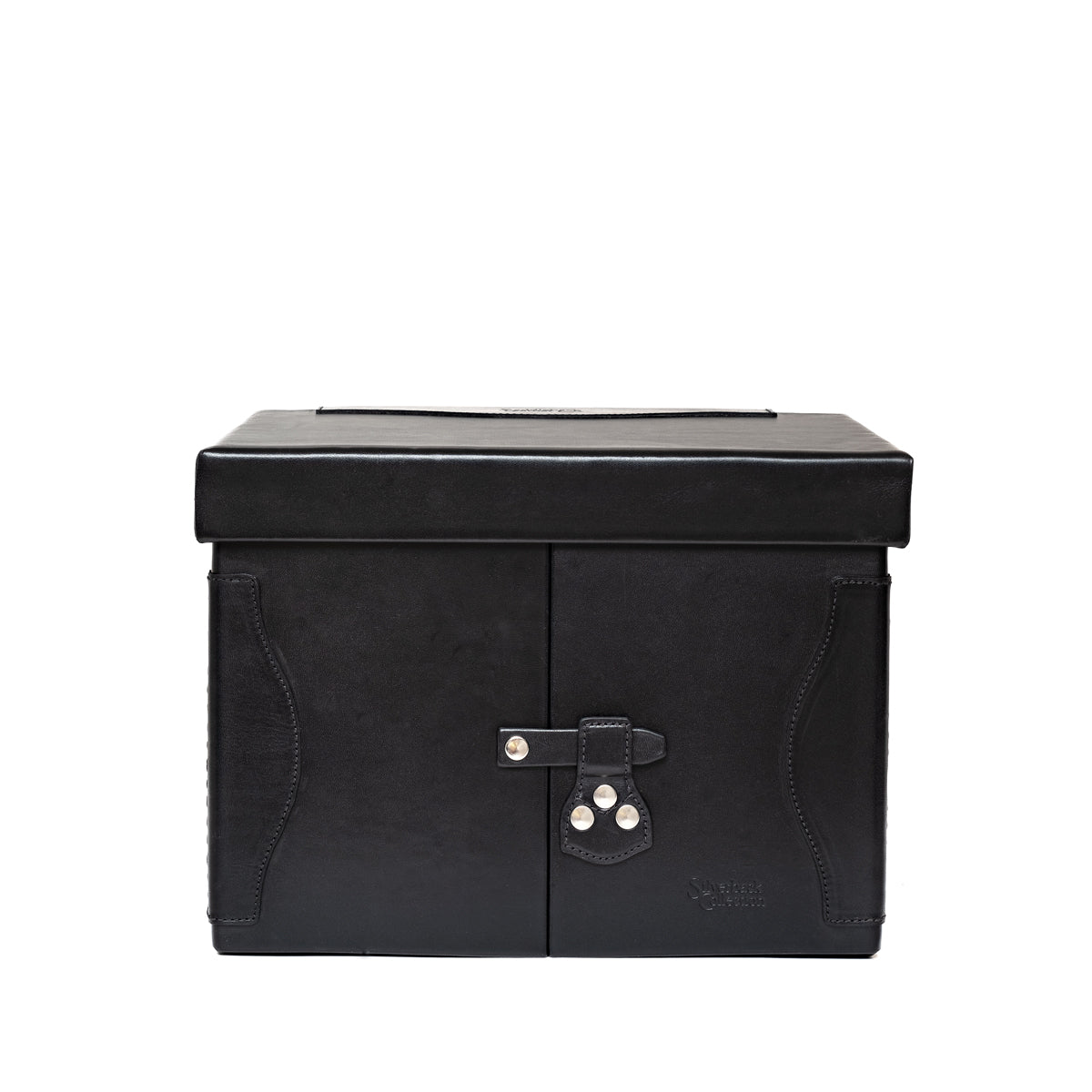 Churchill Case in Raven Black, closed front view showing the lid and latched double doors