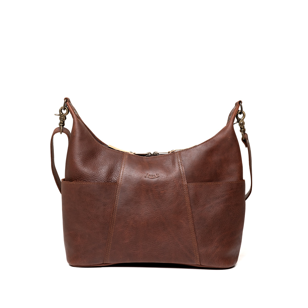 Women's Hobo Organizer Bag in Chestnut, front view with exterior pockets and embossed logo