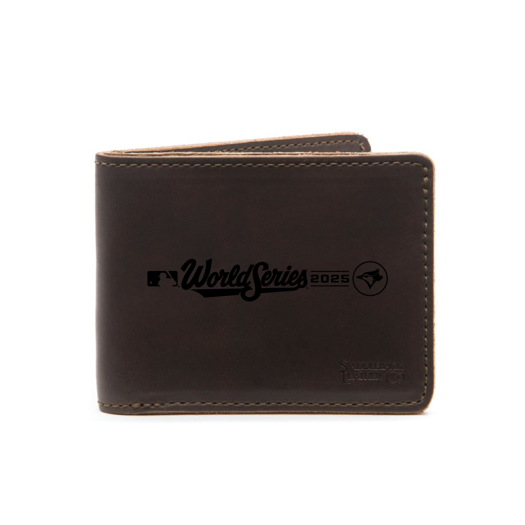 Leather Bifold Wallet - Toronto Blue Jays World Series in Dark Coffee Brown, front printed with World Series 2025 logo