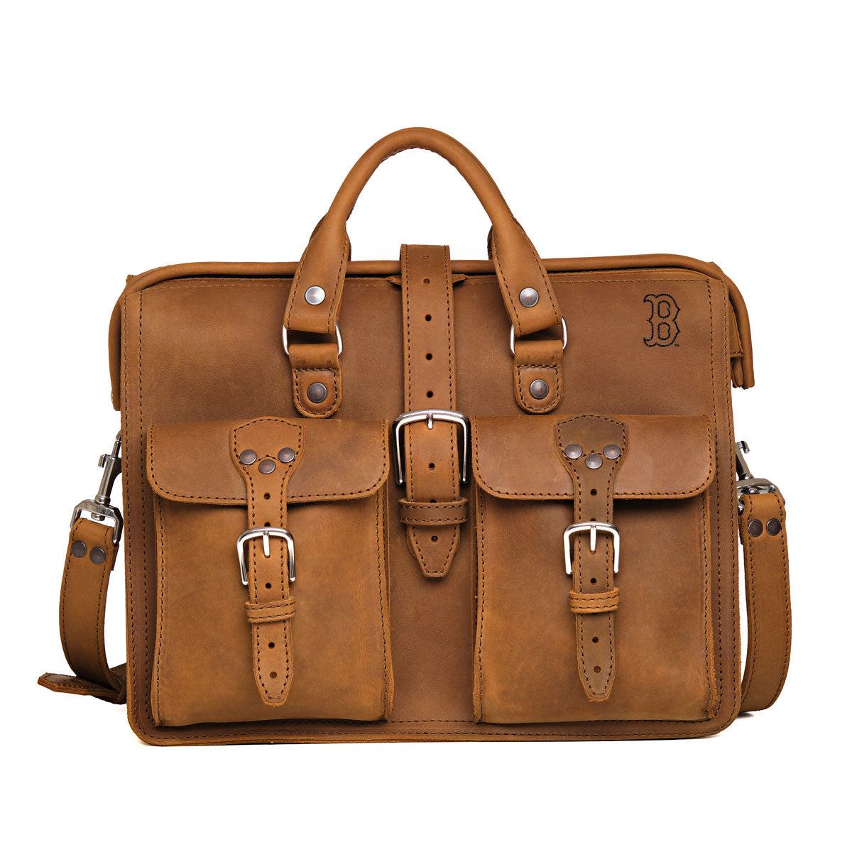 Flight Bag Leather Briefcase - Boston Red Sox in Tobacco, front view with embossed team logo and buckled pockets