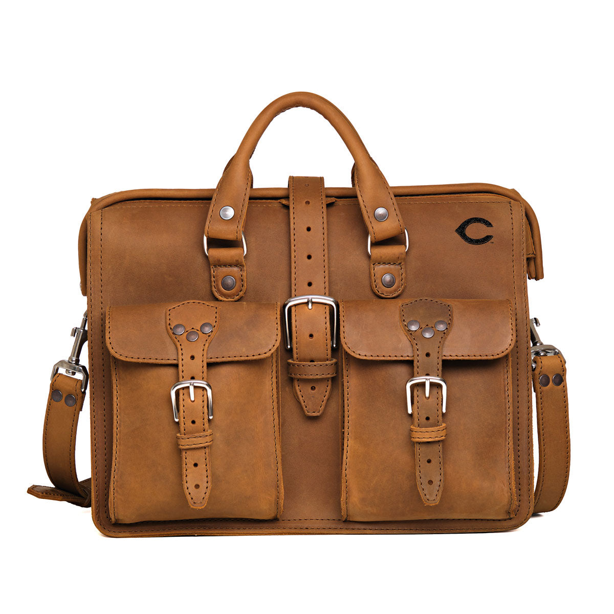 Flight Bag Leather Briefcase - Cincinnati Reds in Tobacco, front view with embossed team logo and buckled pockets