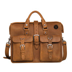 Flight Bag Leather Briefcase - Milwaukee Brewers in Tobacco, front view with embossed team logo and buckled pockets