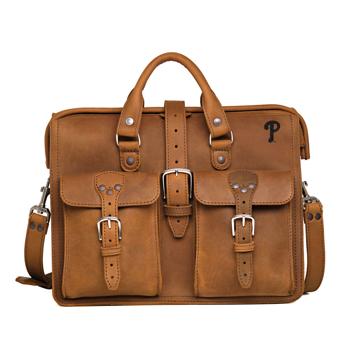 Flight Bag Leather Briefcase - Philadelphia Phillies in Tobacco, front view with embossed team logo and buckled pockets