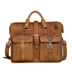 Flight Bag Leather Briefcase - St. Louis Cardinals in Tobacco, front view with embossed team logo and buckled pockets