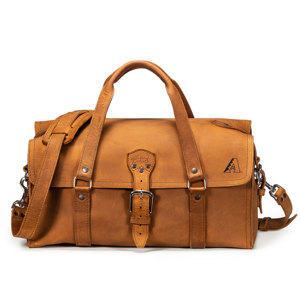 20" Baby Beast Duffle Bag in Tobacco with Arizona Diamondbacks logo, front view with shoulder strap