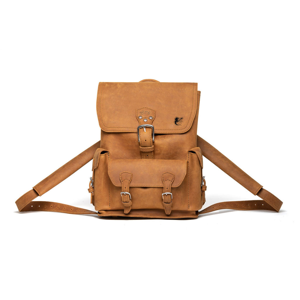 Front Pocket Leather Backpack - Baltimore Orioles in Tobacco, front view with embossed Orioles logo