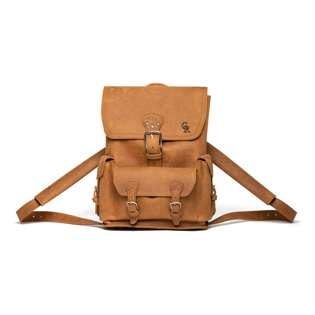 Front Pocket Leather Backpack - Colorado Rockies in Tobacco, front view with embossed Rockies logo