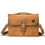 Fourteener Thin Leather Briefcase - Washington Nationals in Tobacco, front view with embossed team logo and buckled flap