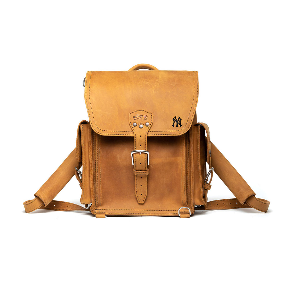 Tank Backpack - New York Yankees in Tobacco, front view with embossed Yankees logo and buckled flap