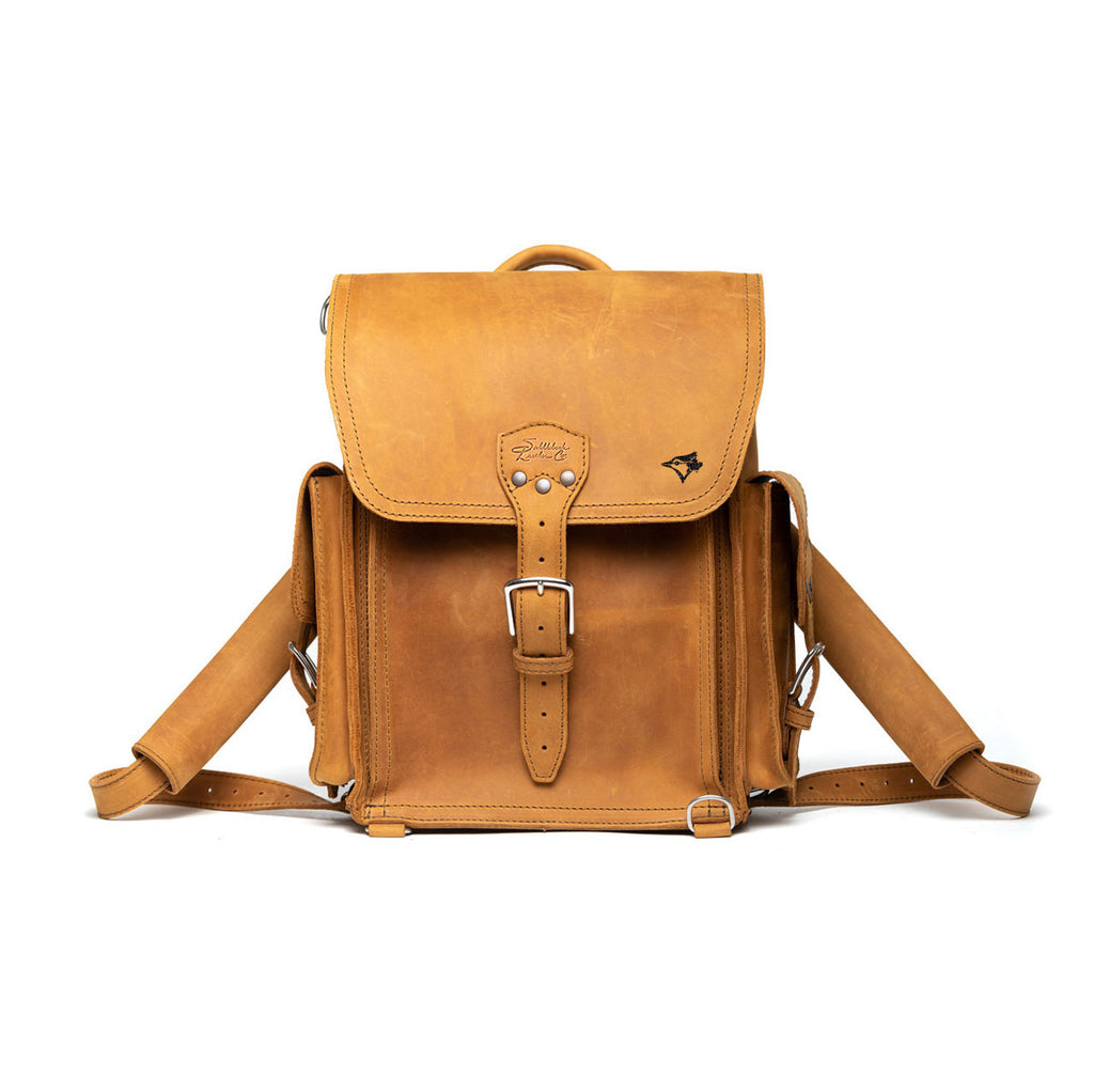 Tank Backpack - Toronto Blue Jays in Tobacco, front view with embossed Blue Jays logo and buckled flap