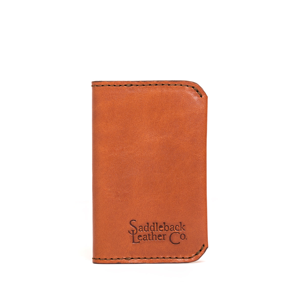 Slim Business Card Holder in English Tan, front view with stitched edges and embossed logo