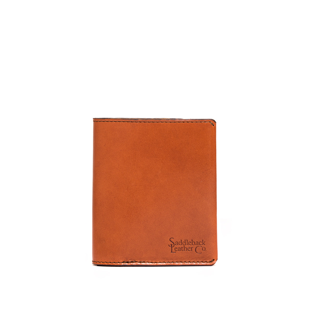 Large Bifold Wallet in English Tan, closed front view with debossed Saddleback Leather Co. logo